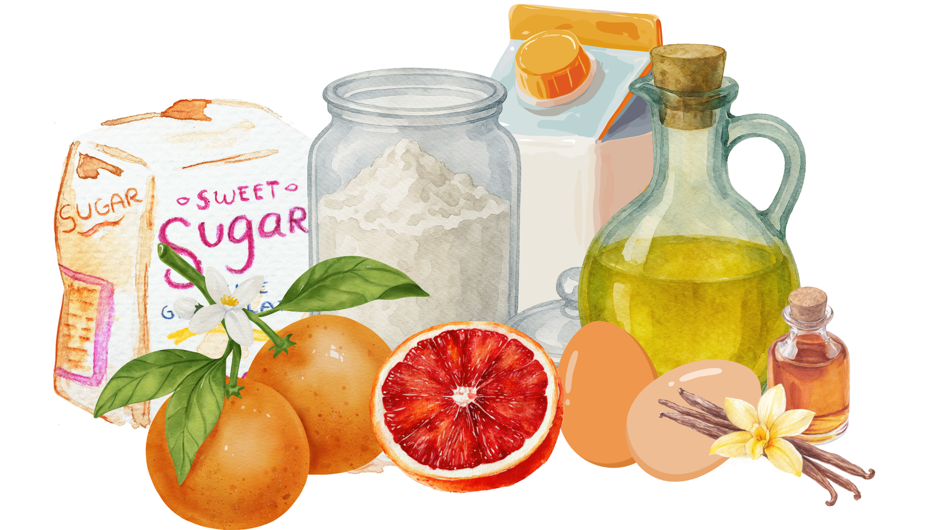 illustration of recipe ingredients including flour, sugar, milk, olive oil, eggs, oranges, and grapefruit