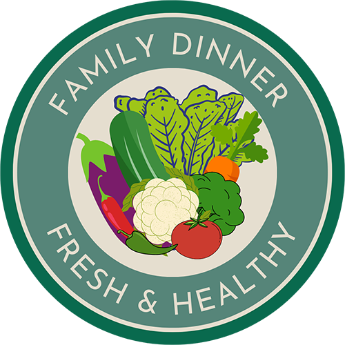 cute little logo that says family dinner fresh and healthy with an image of produce in the center