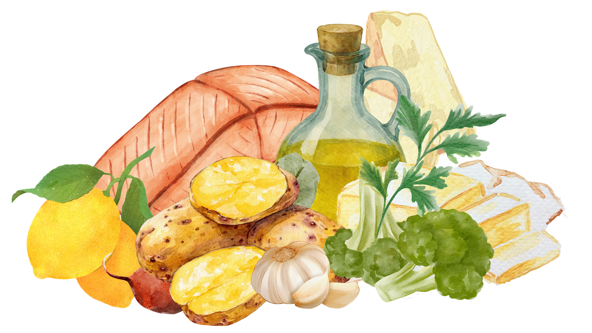 illustration of recipe ingredients including sea bass, olive oil, lemon, potatoes, fresh herbs, and garlic
