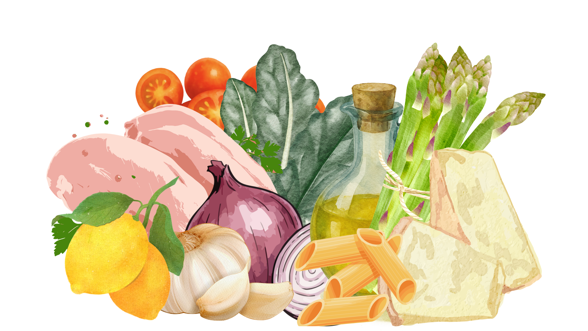 illustration of recipe ingredients with chicken breast, red onion, lemon, kale, cherry tomatoes, olive oil, and asparagus