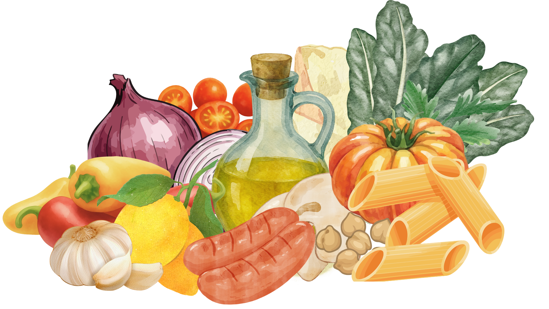 illustration of recipe ingredients with mini sweet peppers, red onion, heirloom tomato, kale, and kielbasa