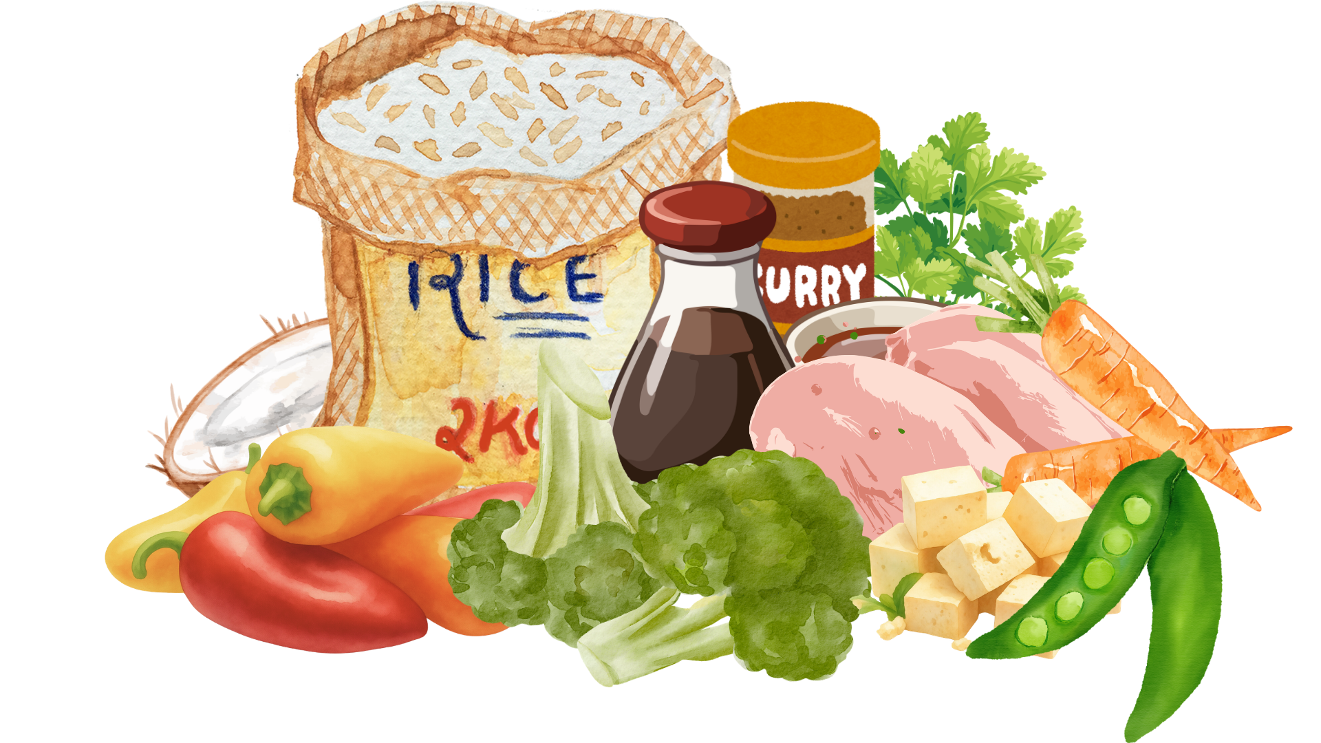 illustration of recipe ingredients including mini sweet peppers, snap peas, rice, soy sauce, chicken breast, curry paste, and coconut milk