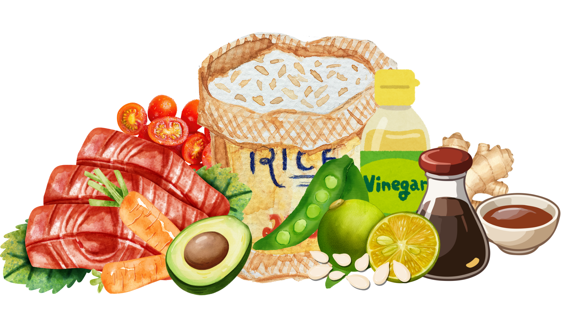 illustration of recipe ingredients with rice, cherry tomatoes, avocado, soy sauce, snap pea, carrot, lime, and tuna
